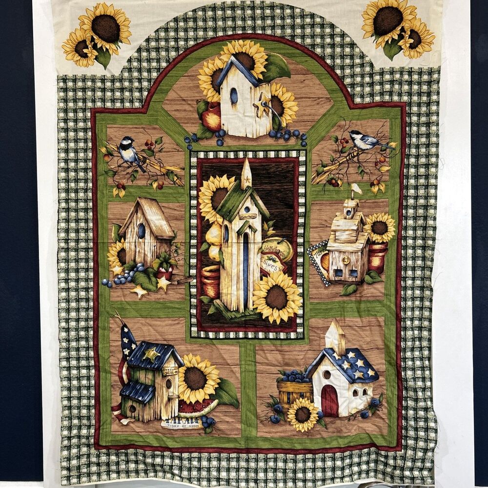 Country Theme Sunflower Gingham Bird House Cotton Quilting Sewing Panel 34" X 44
